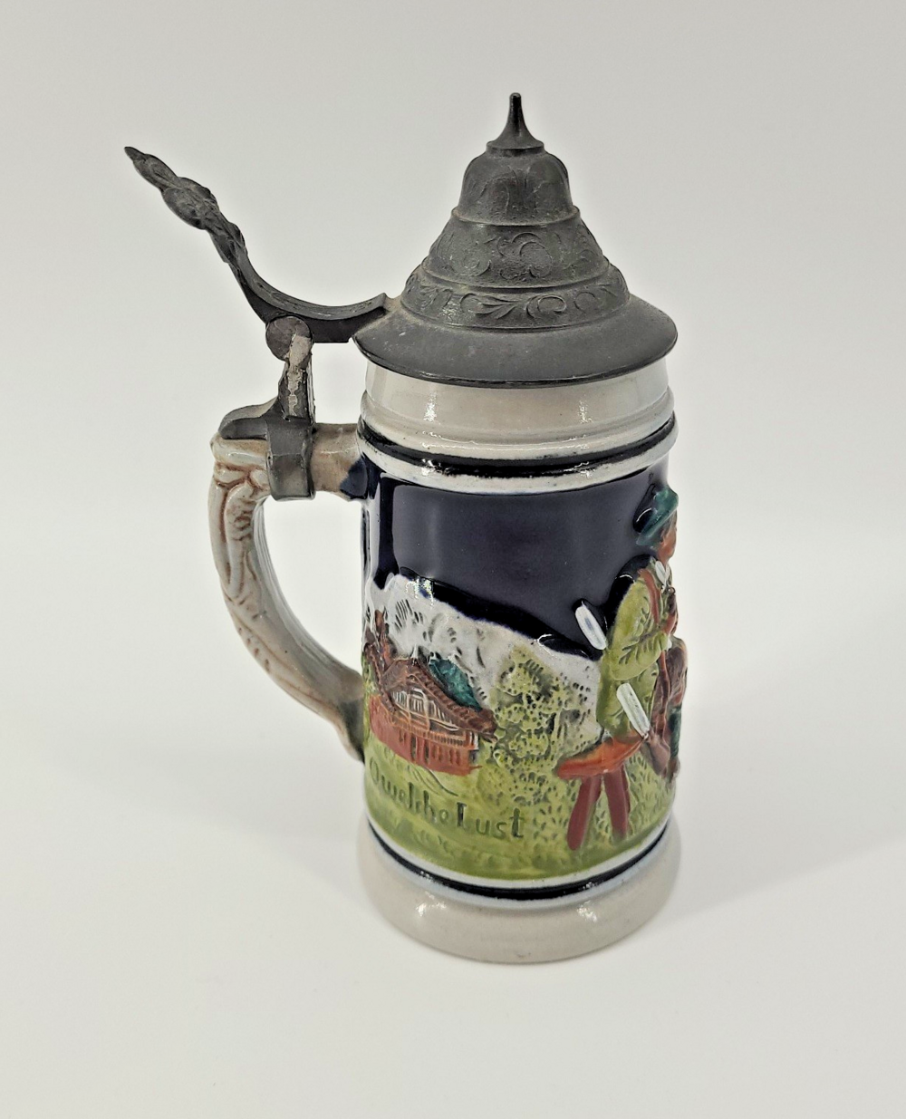 Vintage Miniature German Beer Stein Pewter Lid 1/8L Western Germany Auf der Alm